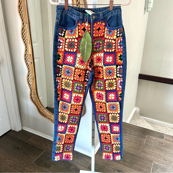 FARM RIO / NWT CROCHET GRANNY SQUARES JEANS